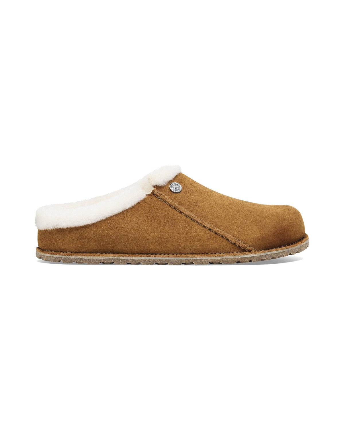 Pantofola in pelle scamosciata Birkenstock Zermatt Premium Shearling, colore Visone, vista laterale
