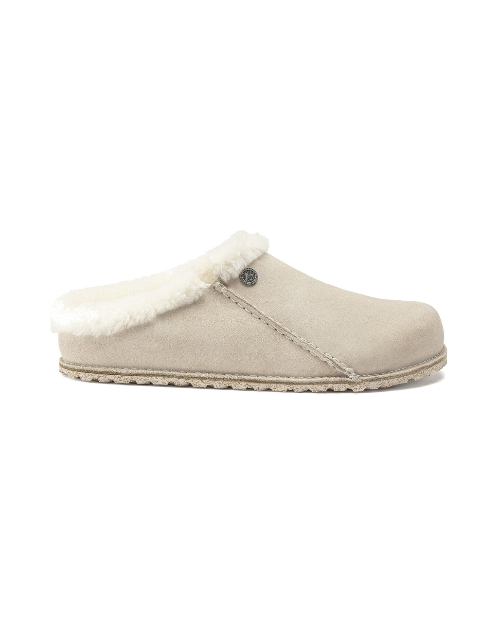 Pantofola in pelle scamosciata Birkenstock Zermatt Premium Shearling, colore Bianco antico, vista laterale