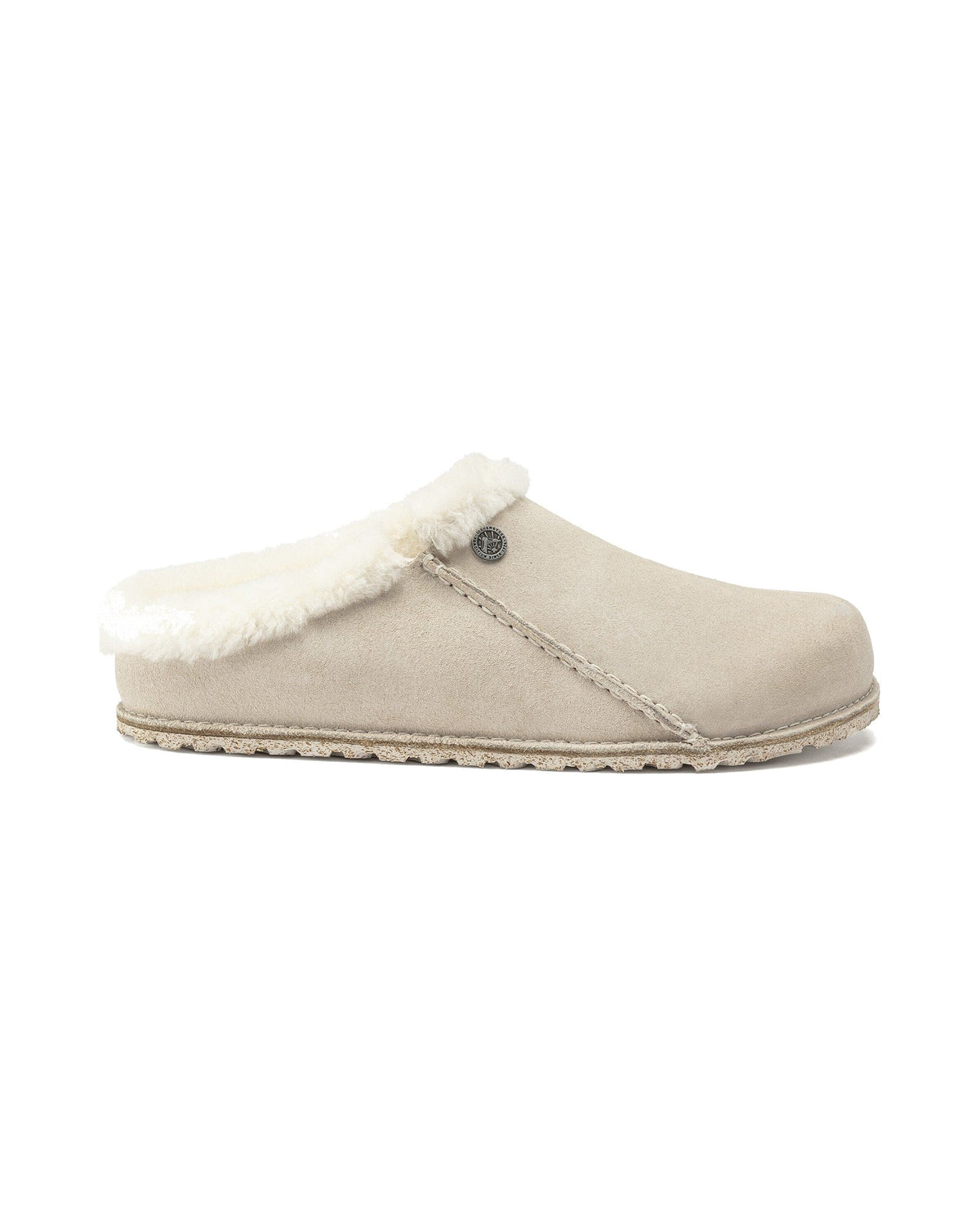 Pantofola in pelle scamosciata Birkenstock Zermatt Premium Shearling, colore Bianco antico, vista laterale