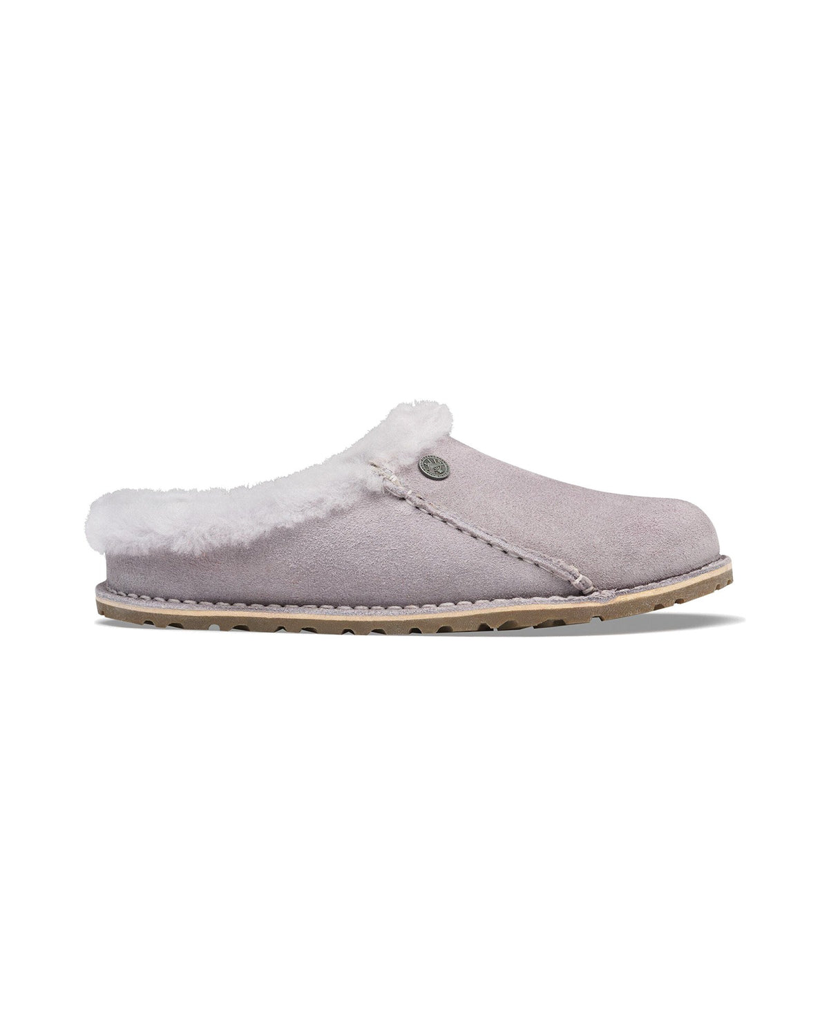 Pantofola in pelle scamosciata Birkenstock Zermatt Premium Shearling, colore Lavender Sky, vista laterale