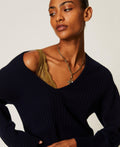 Twinset Milano maglia in cashmere a coste con scollo a V, colore Classic Blue, vista principale