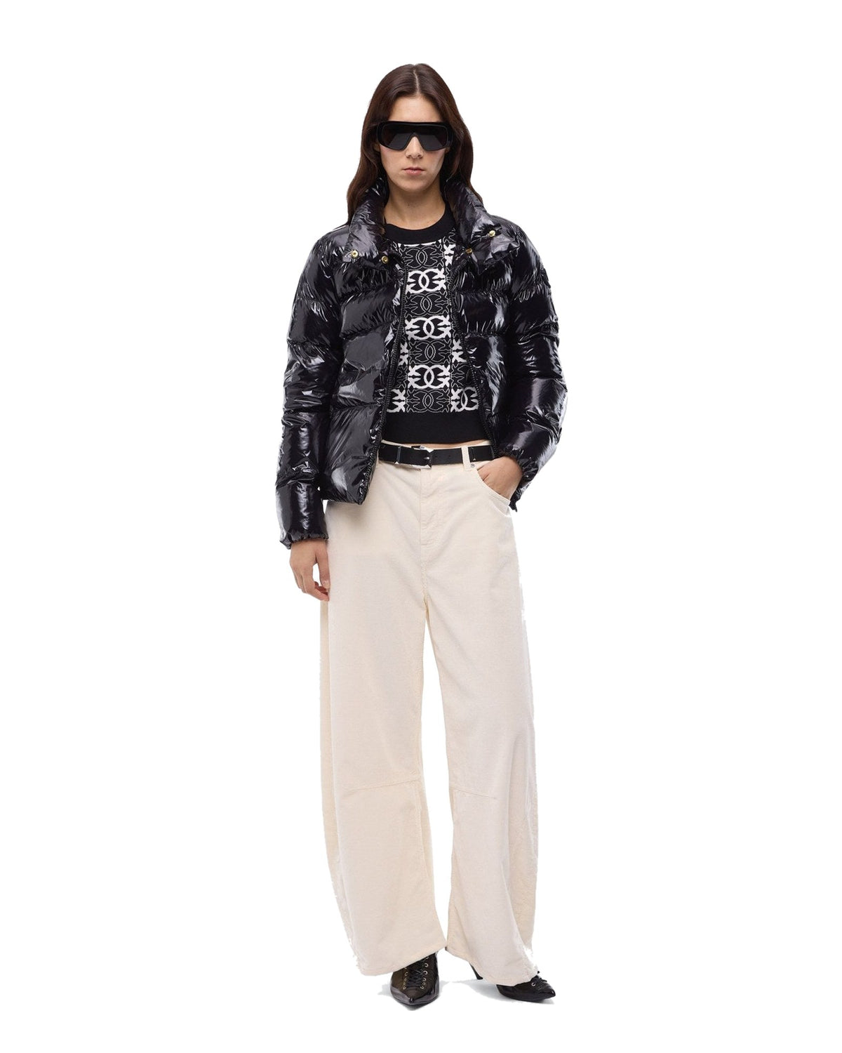 Pinko giacca imbottita caban in crystal nylon lucido, colore nero, immagine 2 di 6