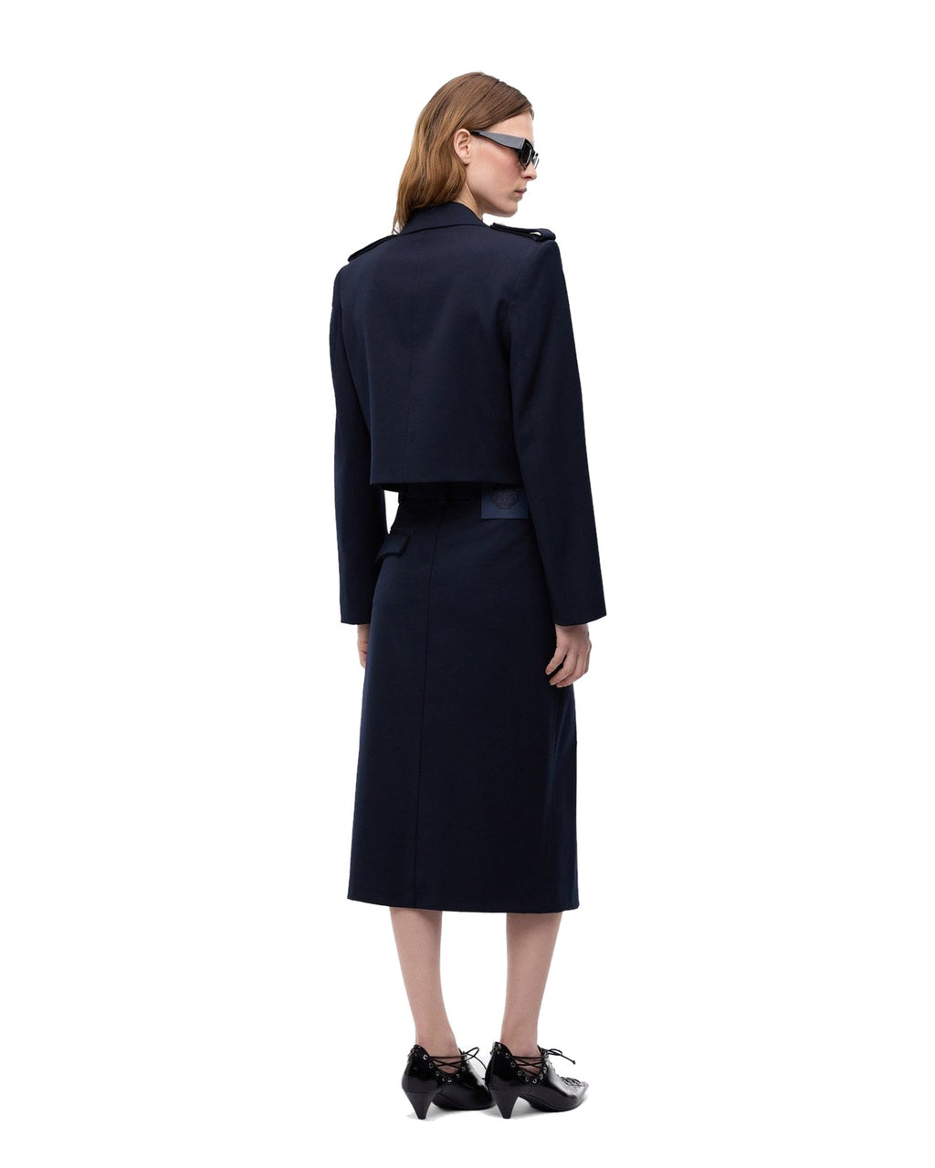 Pinko gonna longuette a portafoglio in misto lana, colore blu navy, immagine 4 di 6