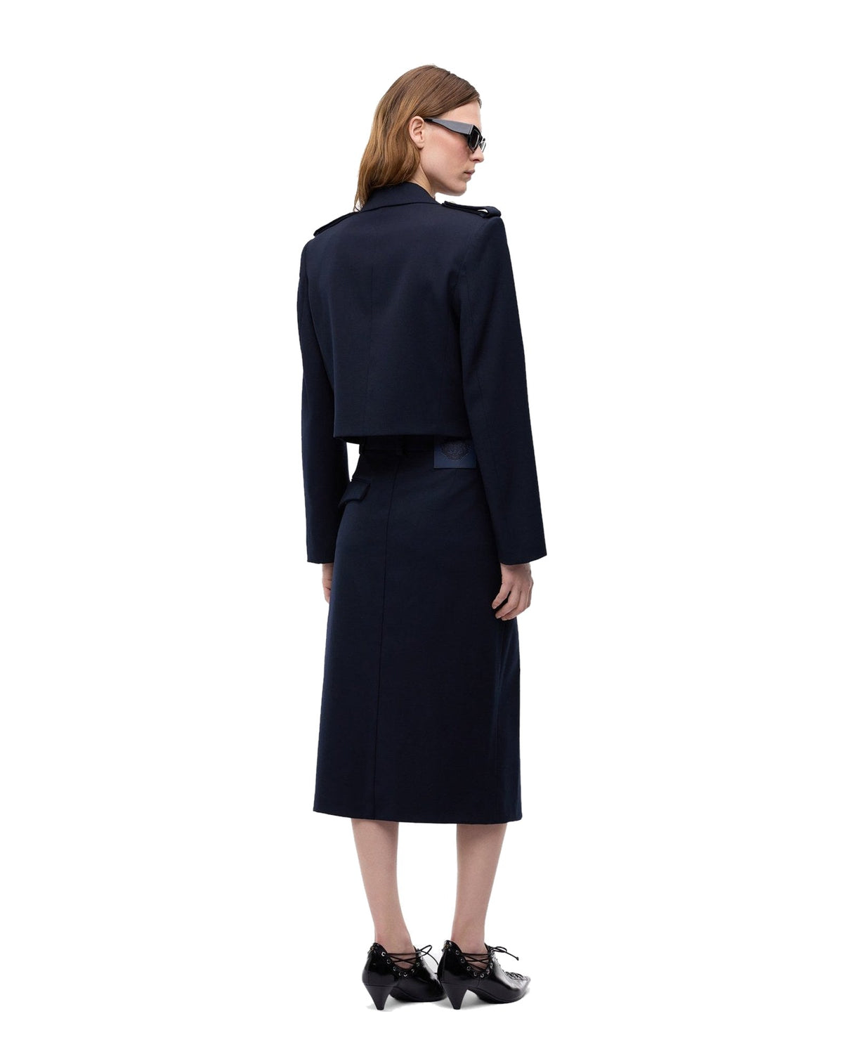 Pinko gonna longuette a portafoglio in misto lana, colore blu navy, immagine 4 di 6