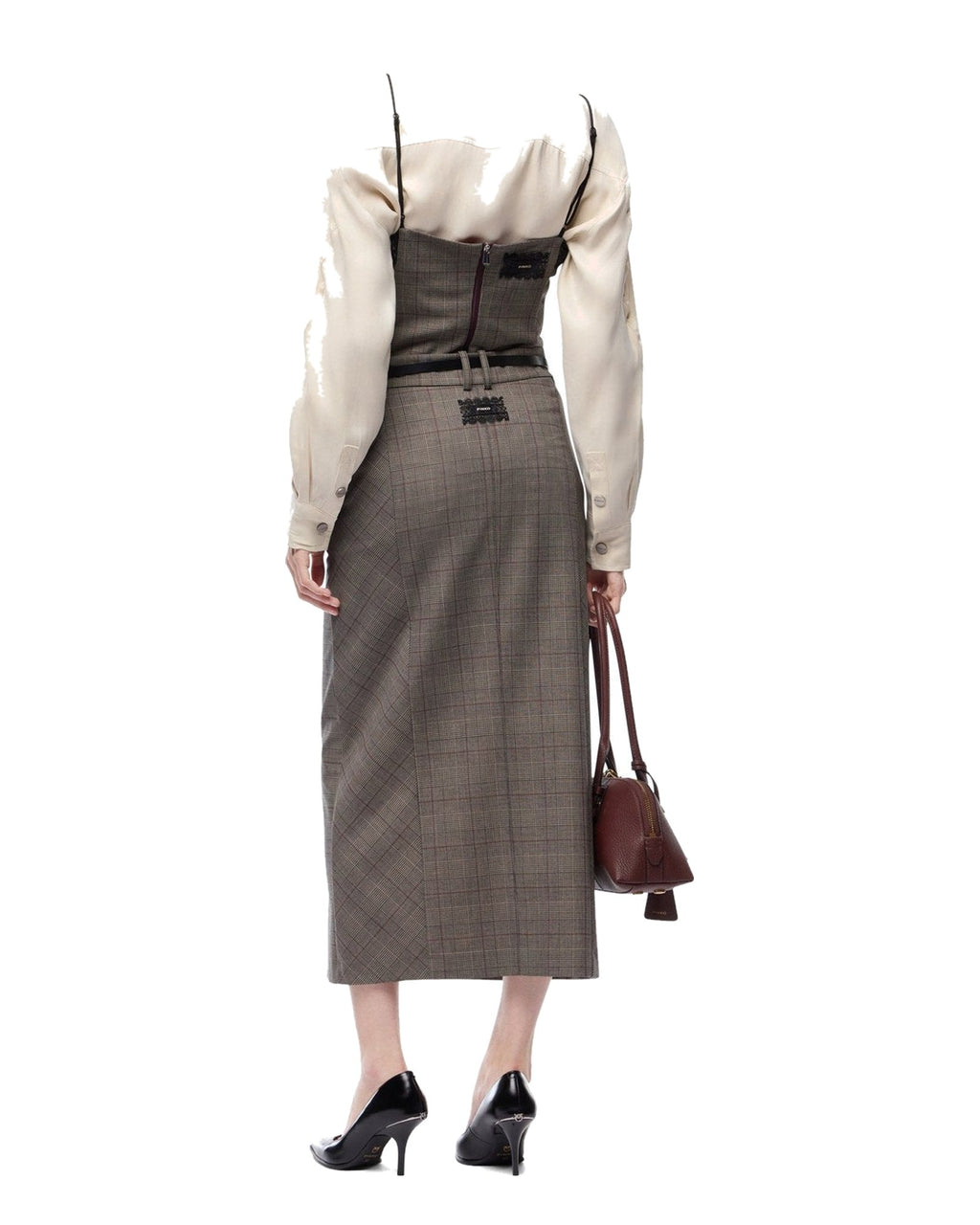 Pinko gonna longuette a quadri principe di Galles con spacco, grigio e beige, immagine 4 di 6