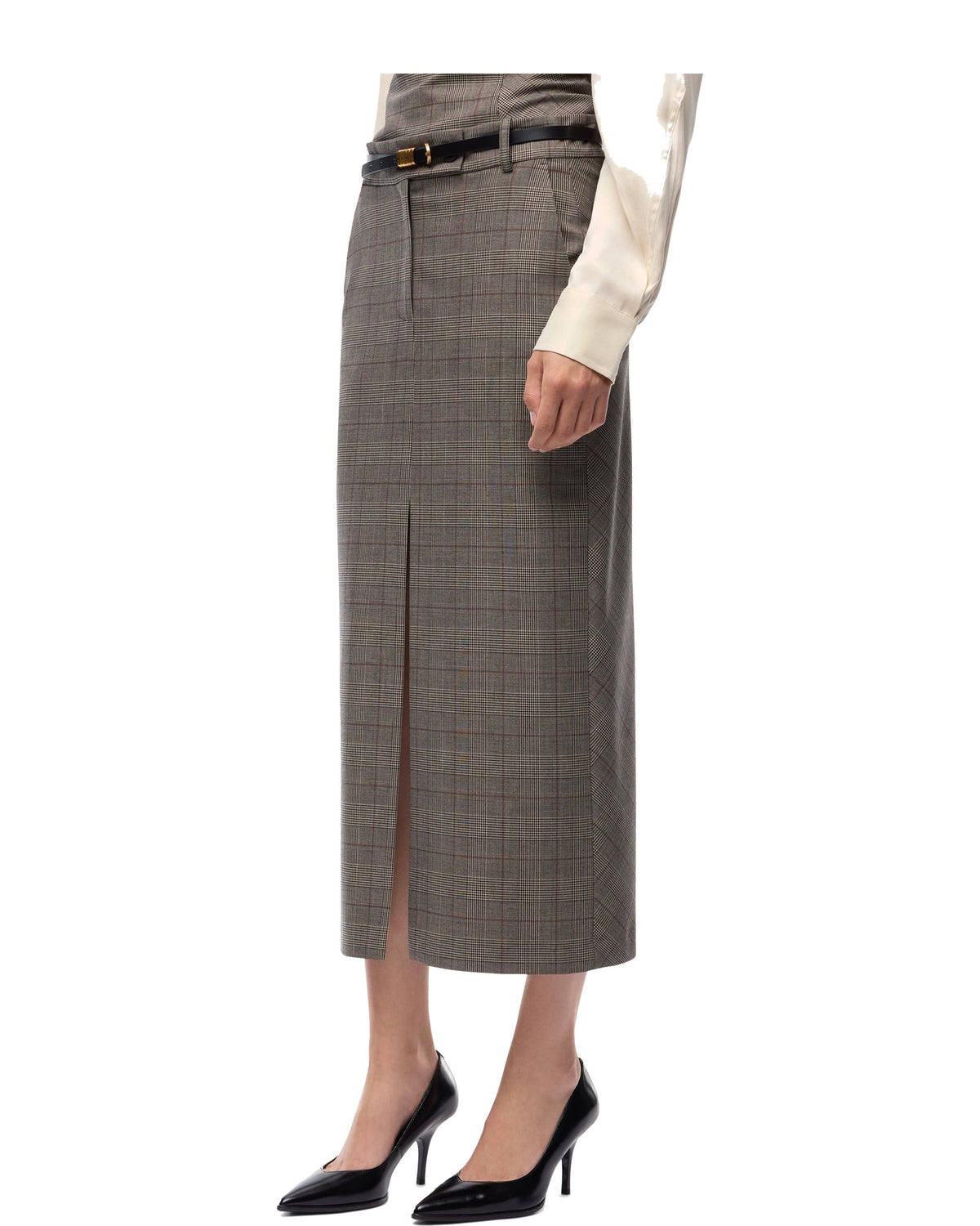 Pinko gonna longuette a quadri principe di Galles con spacco, grigio e beige, immagine 2 di 6