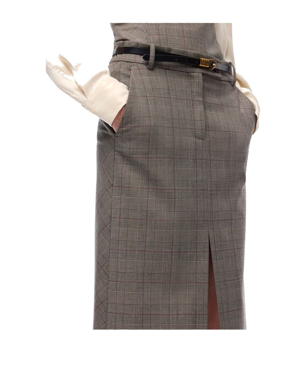 Pinko gonna longuette a quadri principe di Galles con spacco, grigio e beige, immagine 3 di 6