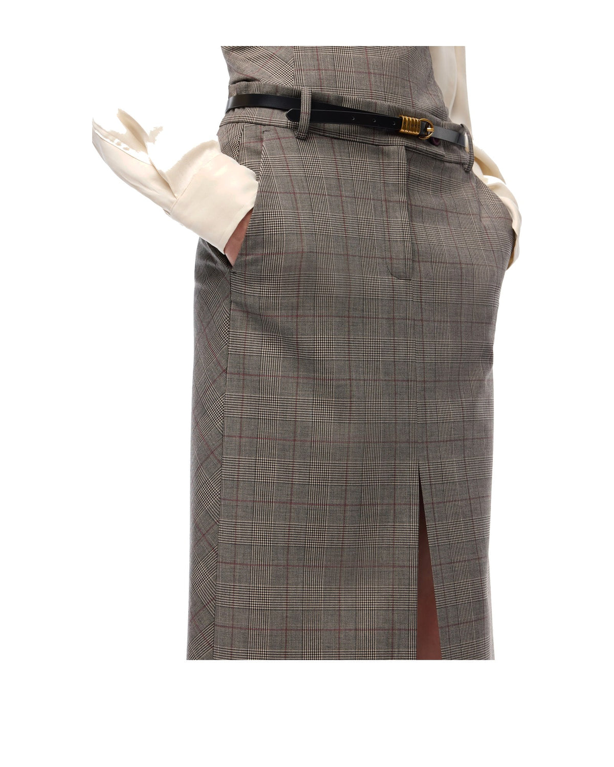 Pinko gonna longuette a quadri principe di Galles con spacco, grigio e beige, immagine 3 di 6