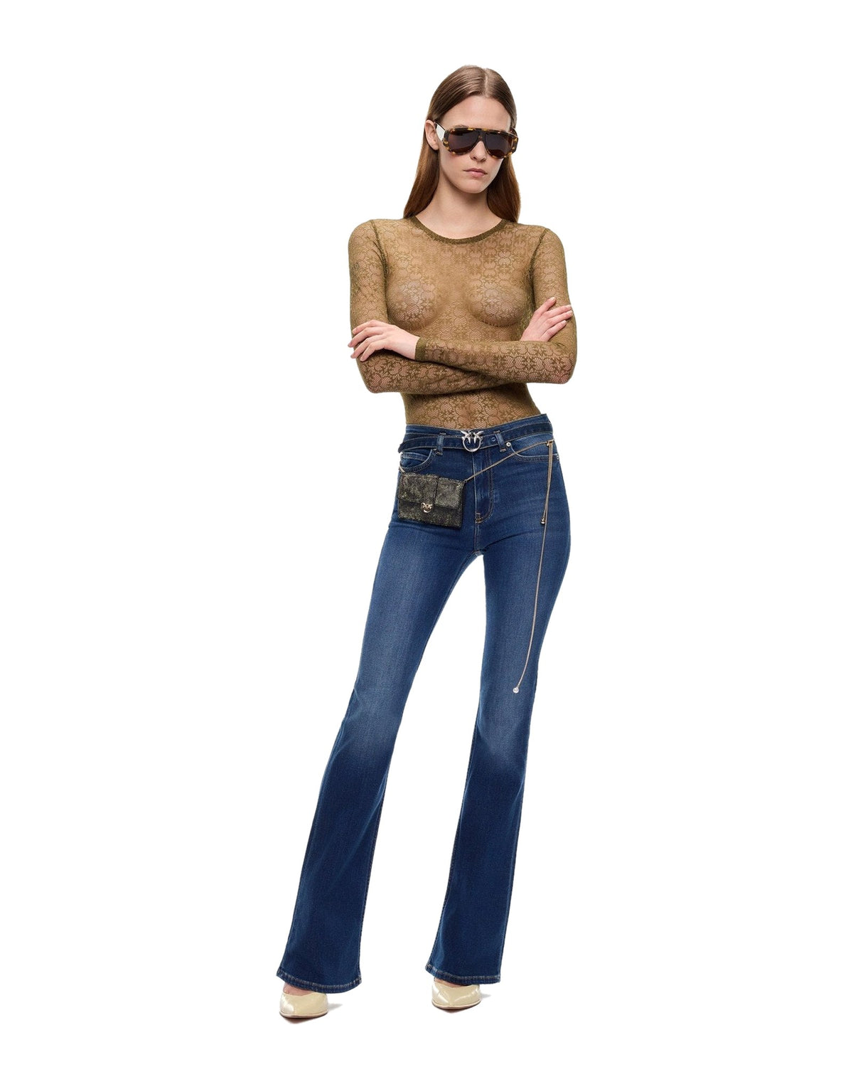 Pinko jeans flared con cintura in denim, colore blu, vista principale
