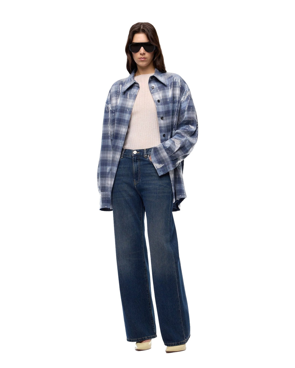 Pinko Wanda, jeans wide leg in denim soft, colore blu scuro, vista principale