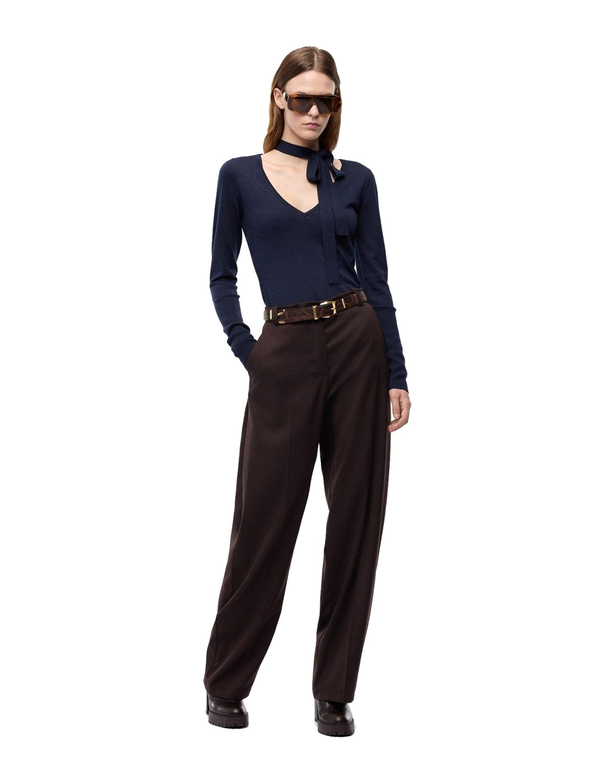 Pinko pantaloni barrel fit in misto lana, colore marrone scuro, vista principale