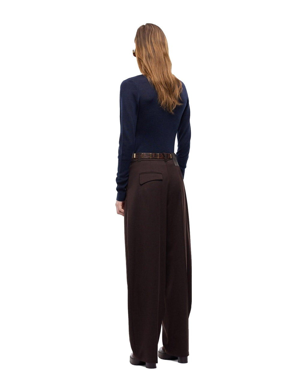 Pinko pantaloni barrel fit in misto lana, colore marrone scuro, immagine 4 di 6
