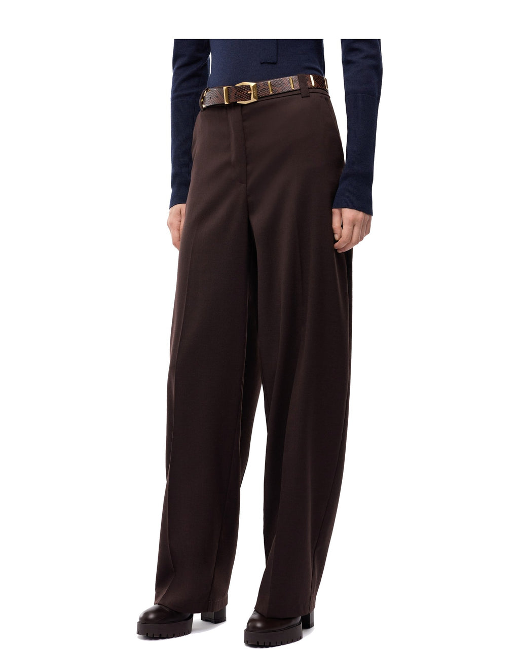 Pinko pantaloni barrel fit in misto lana, colore marrone scuro, immagine 2 di 6