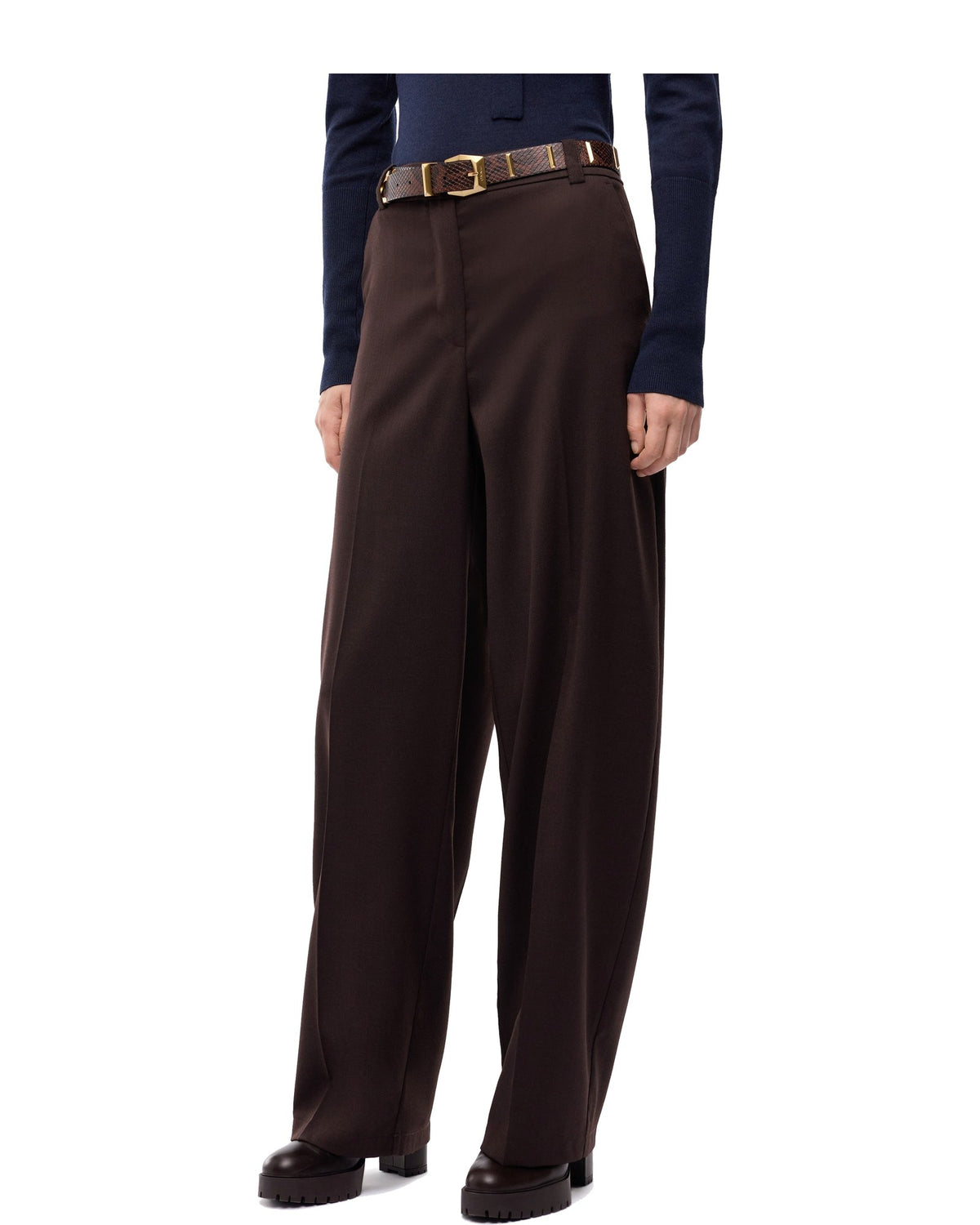 Pinko pantaloni barrel fit in misto lana, colore marrone scuro, immagine 2 di 6