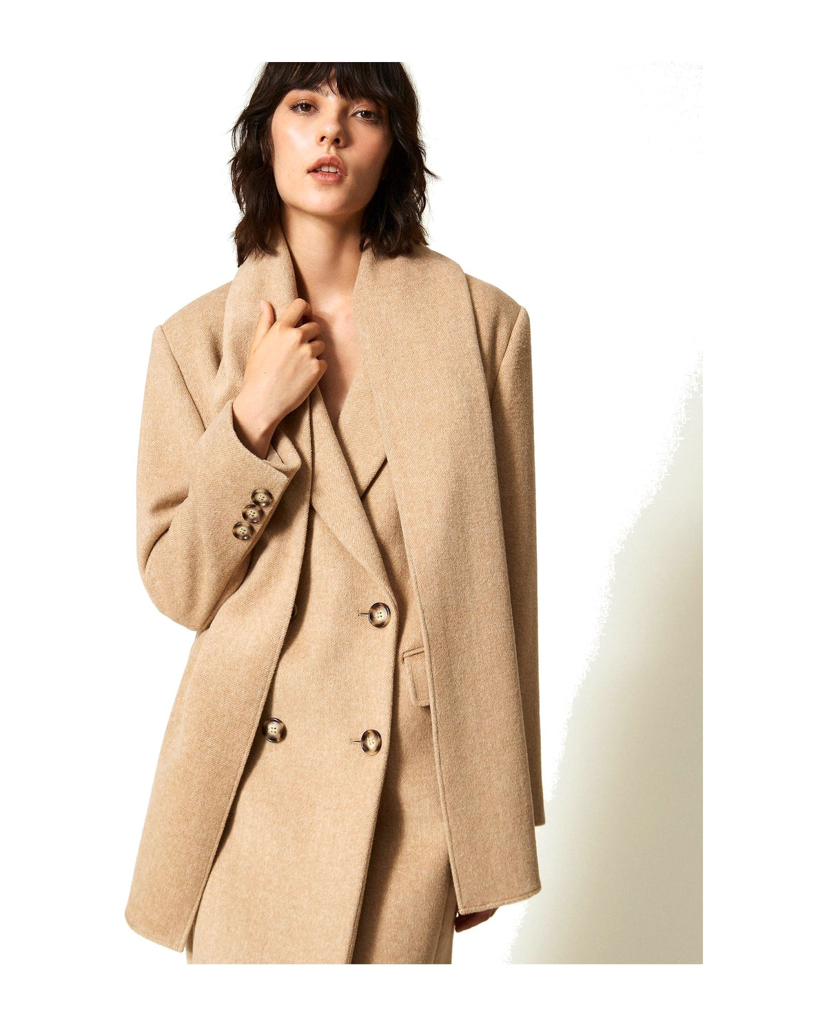 Twinset Milano cappotto in panno velour con stola rimovibile, colore Beige Dune melange, immagine 4 di 6