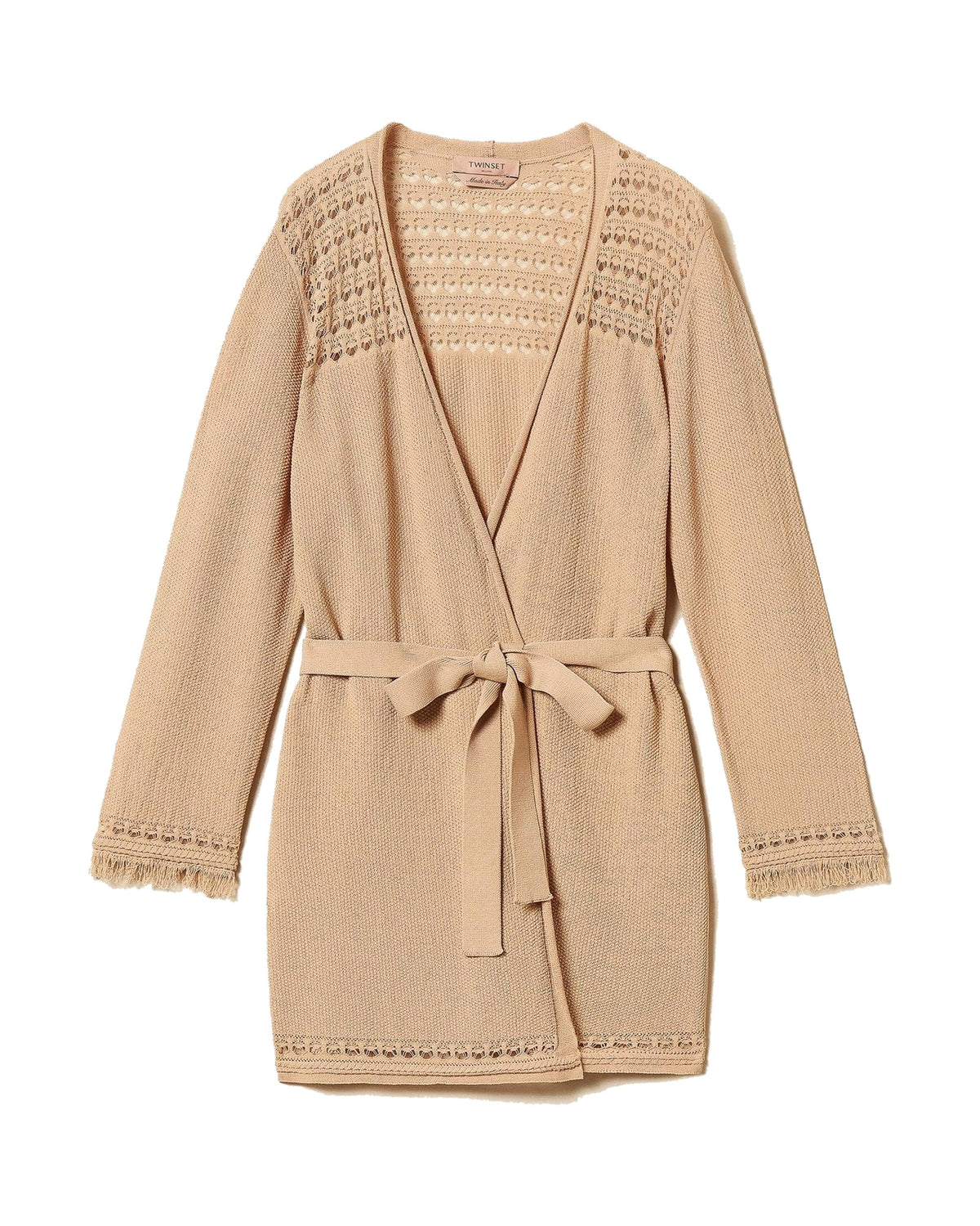 Twinset Milano cardigan in maglia traforata con cintura e frange ai polsini, beige Nougat, immagine 6 di 6