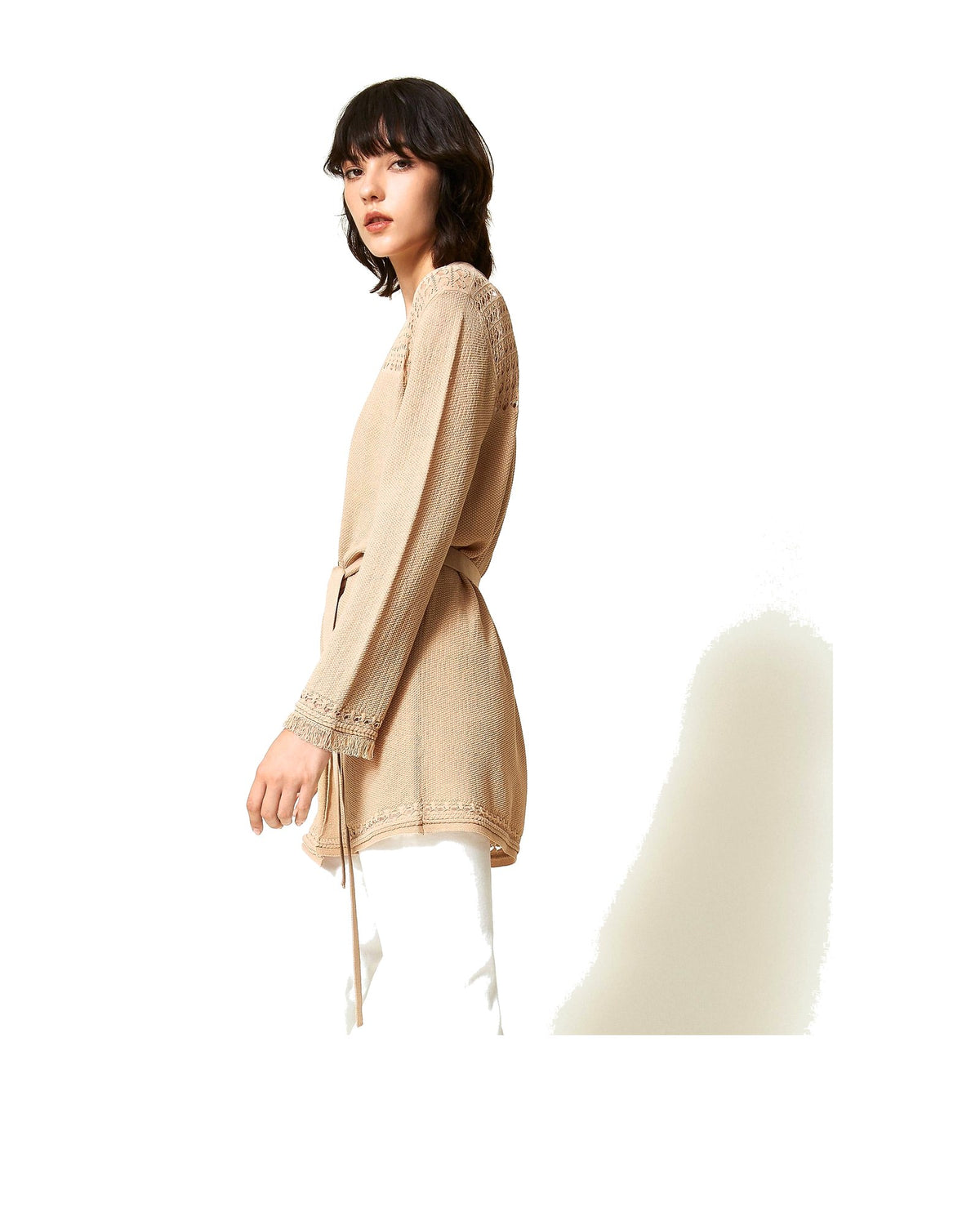 Twinset Milano cardigan in maglia traforata con cintura e frange ai polsini, beige Nougat, immagine 2 di 6