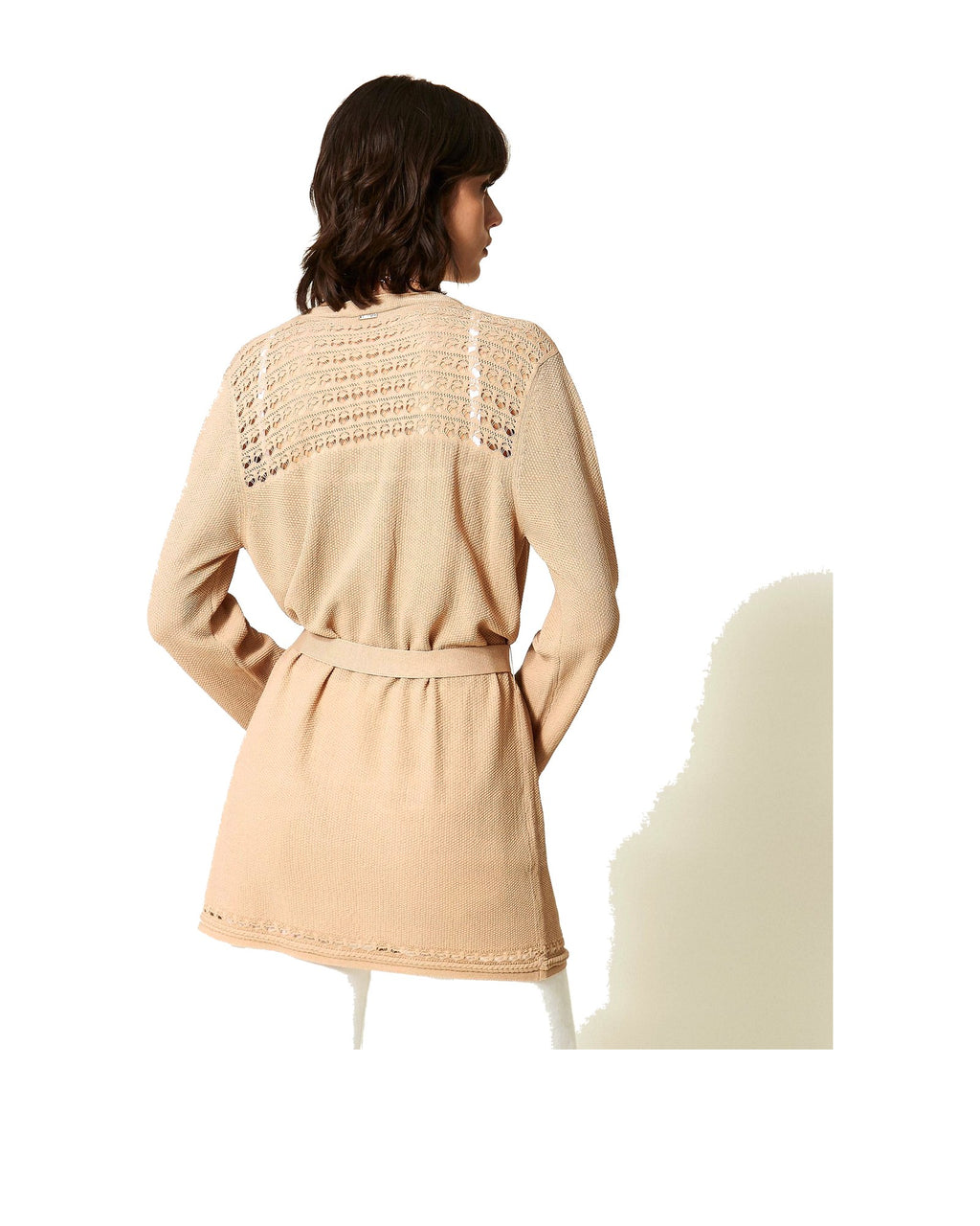 Twinset Milano cardigan in maglia traforata con cintura e frange ai polsini, beige Nougat, immagine 3 di 6