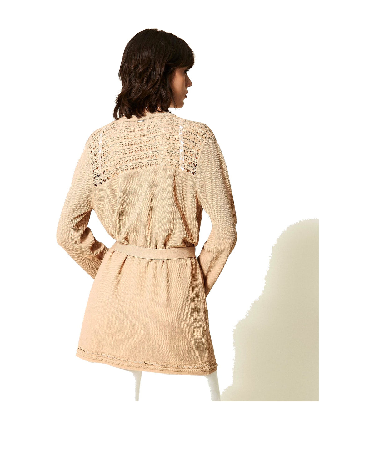 Twinset Milano cardigan in maglia traforata con cintura e frange ai polsini, beige Nougat, immagine 3 di 6
