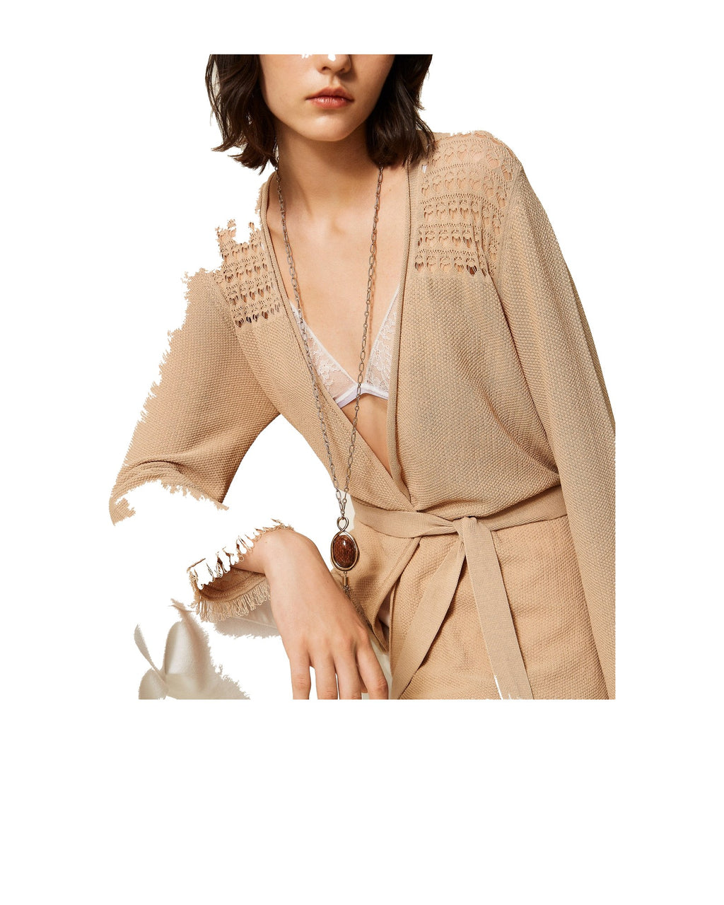 Twinset Milano cardigan in maglia traforata con cintura e frange ai polsini, beige Nougat, immagine 4 di 6