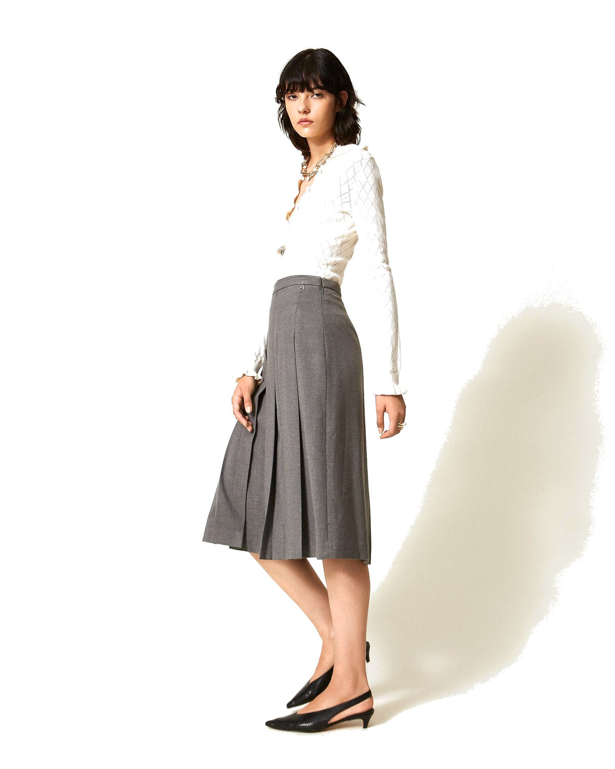 Twinset Milano gonna longuette in flanella, colore grigio melange, vista principale