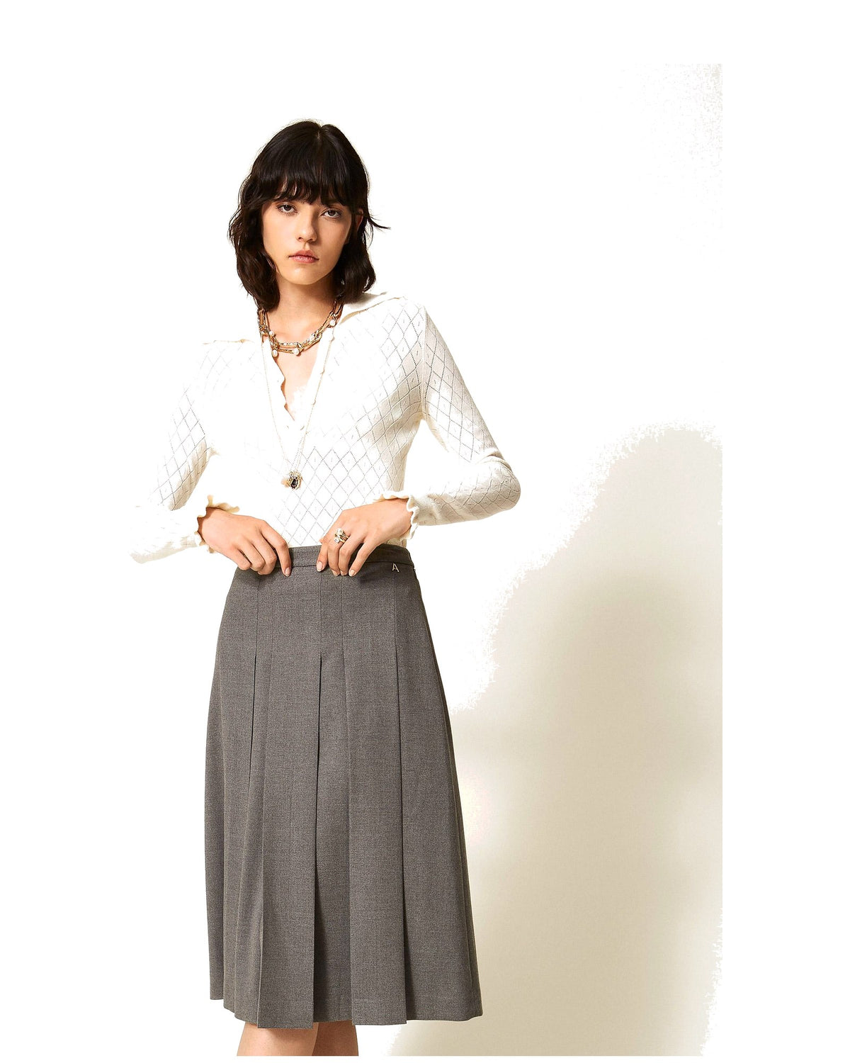 Twinset Milano gonna longuette in flanella, colore grigio melange, immagine 2 di 7