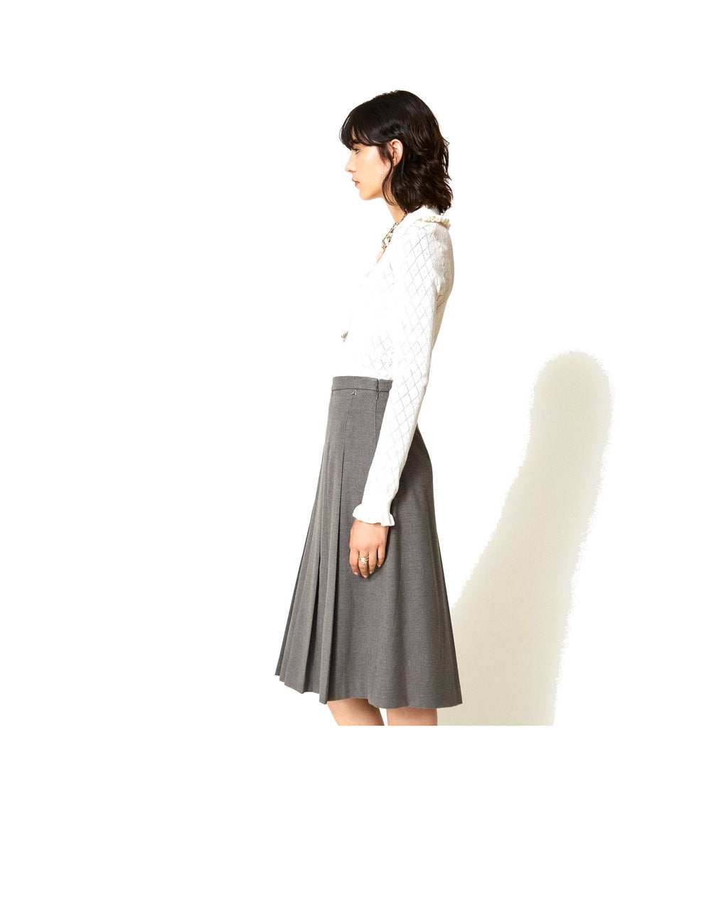 Twinset Milano gonna longuette in flanella, colore grigio melange, immagine 3 di 7