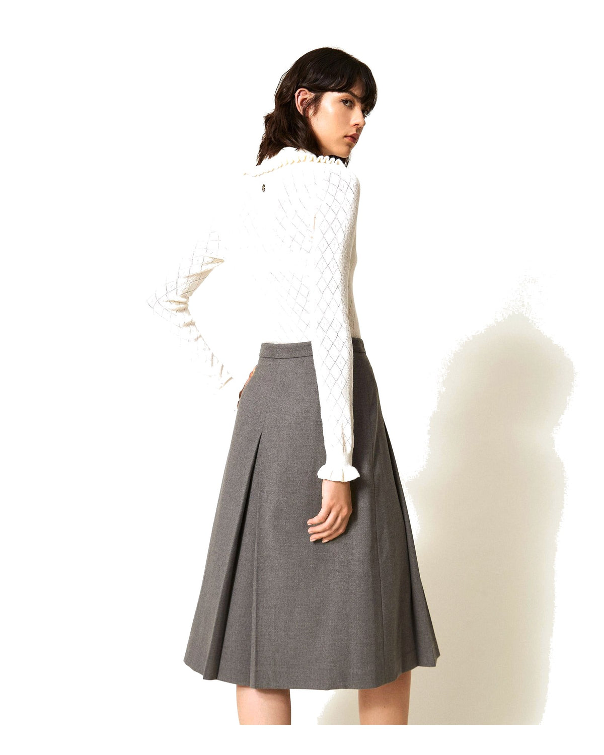 Twinset Milano gonna longuette in flanella, colore grigio melange, immagine 4 di 7