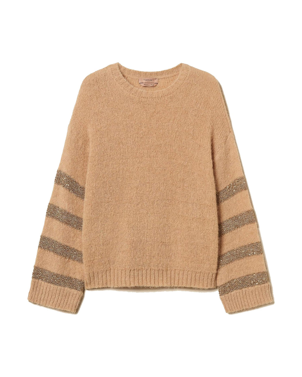 Twinset Milano maglia in misto alpaca con righe in paillettes, colore Sandy Brown, immagine 6 di 6