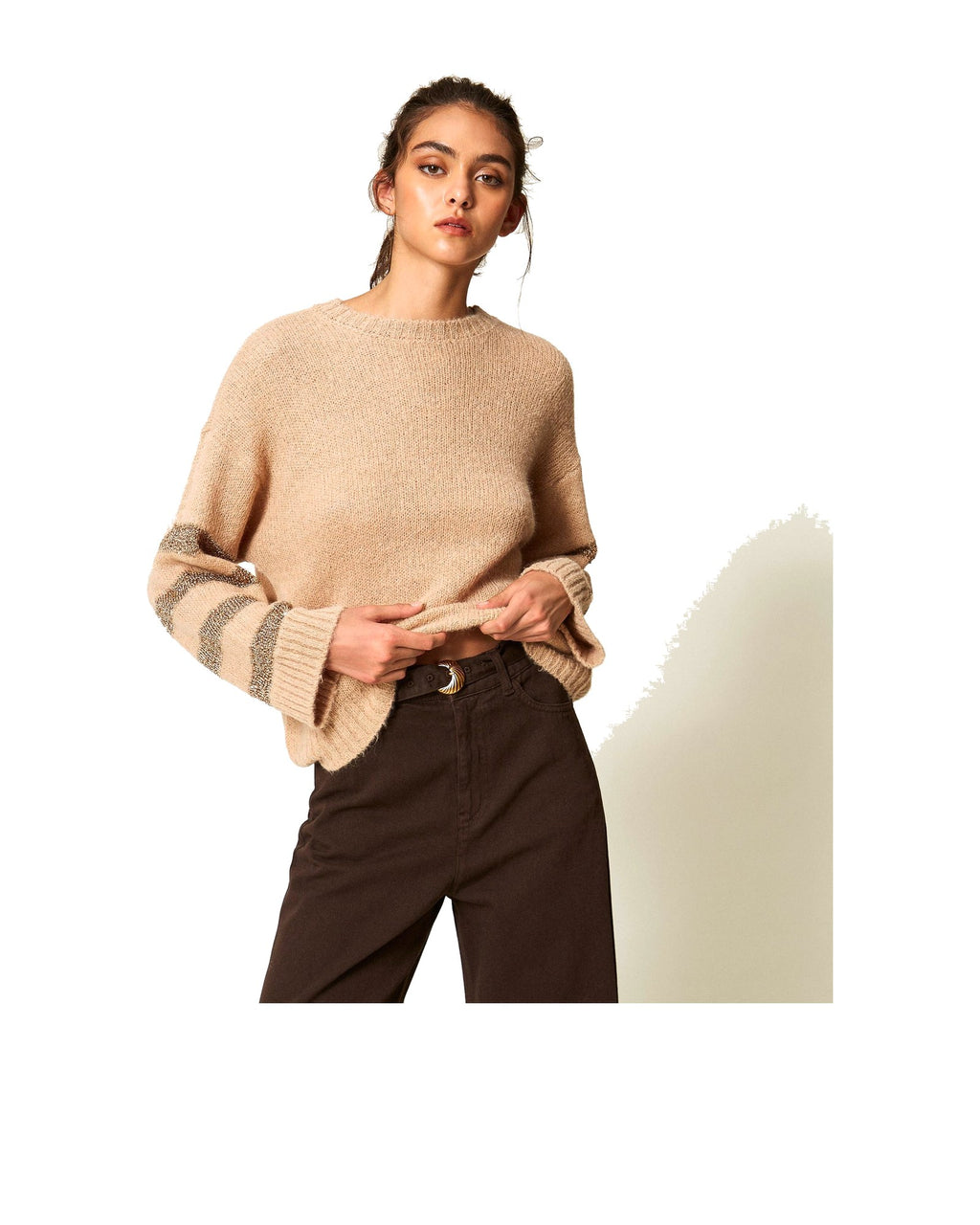 Twinset Milano maglia in misto alpaca con righe in paillettes, colore Sandy Brown, immagine 2 di 6