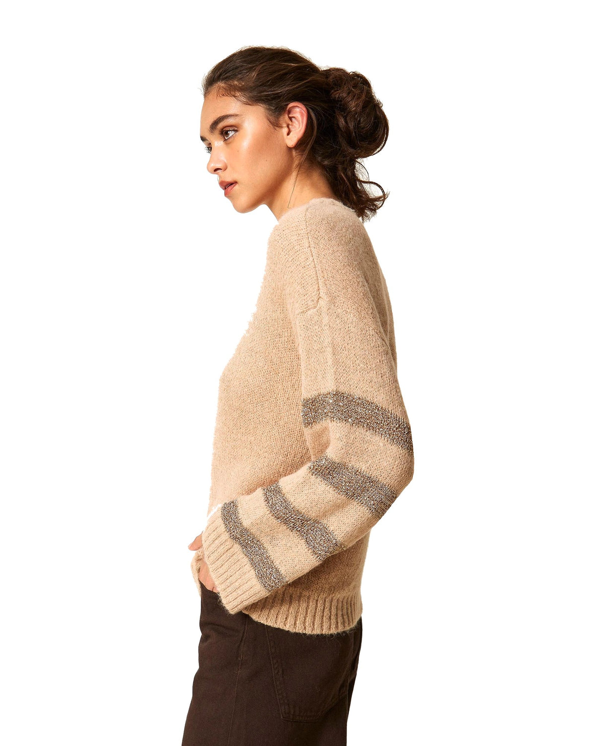 Twinset Milano maglia in misto alpaca con righe in paillettes, colore Sandy Brown, immagine 3 di 6