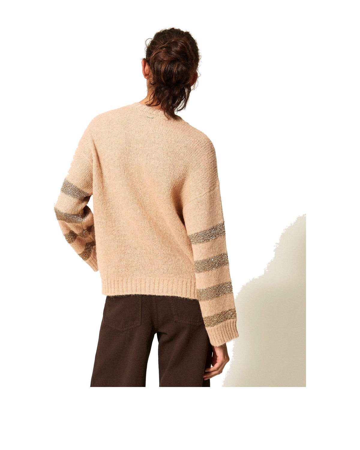 Twinset Milano maglia in misto alpaca con righe in paillettes, colore Sandy Brown, immagine 4 di 6