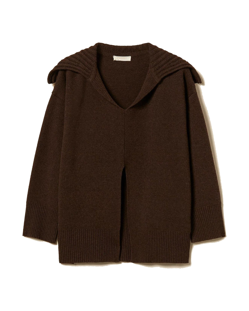 Twinset Milano maxi maglia in misto lana con spacco, colore Darkness Brown, immagine 6 di 6