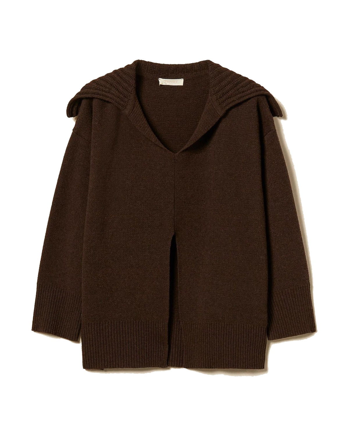 Twinset Milano maxi maglia in misto lana con spacco, colore Darkness Brown, immagine 6 di 6