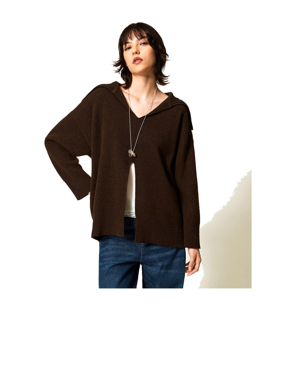 Twinset Milano maxi maglia in misto lana con spacco, colore Darkness Brown, immagine 2 di 6