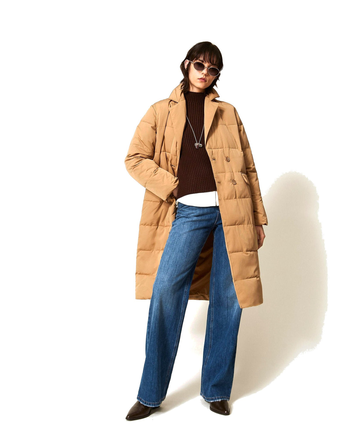 Twinset Milano giacca imbottita doppiopetto con tasche, colore cammello (Tobacco Brown), vista principale