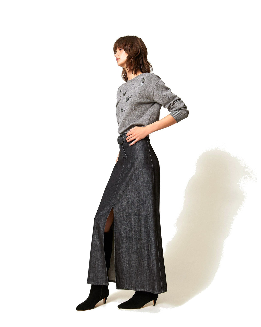 Twinset Milano gonna lunga in denim fluido con cintura, colore denim nero, immagine 2 di 6