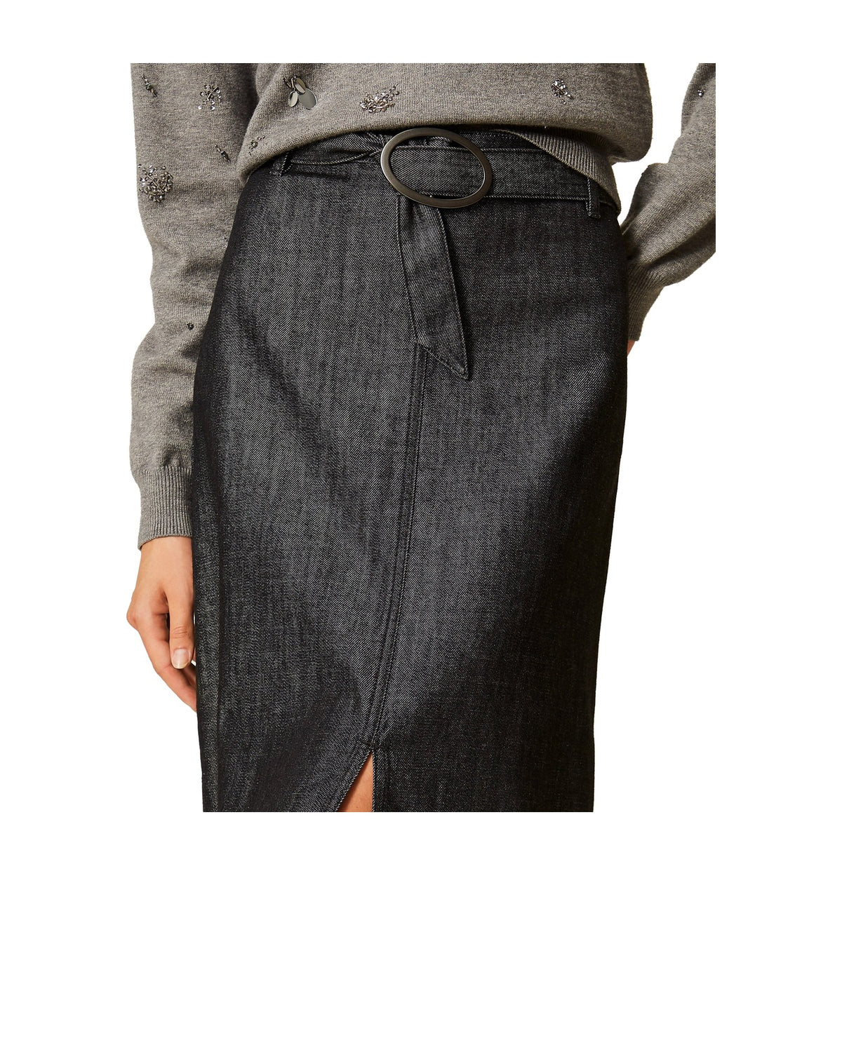 Twinset Milano gonna lunga in denim fluido con cintura, colore denim nero, immagine 5 di 6
