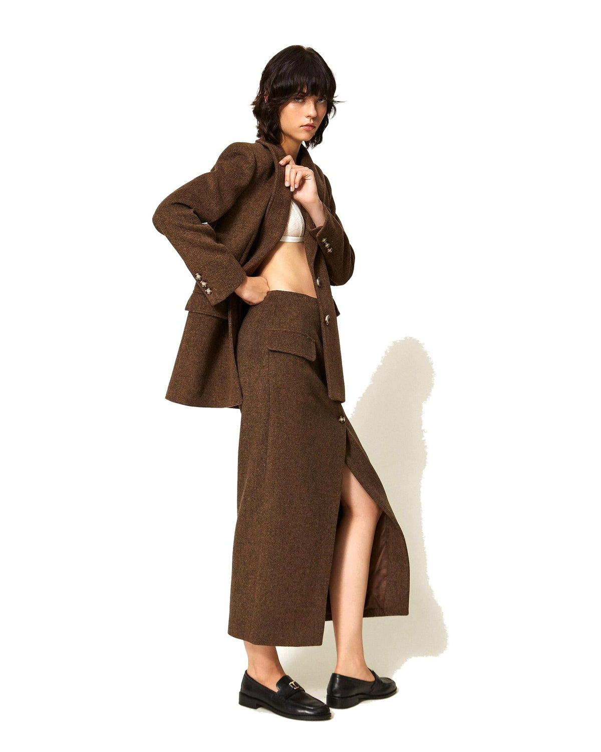 Twinset Milano gonna lunga in panno velour, colore Mocha Melange, vista principale