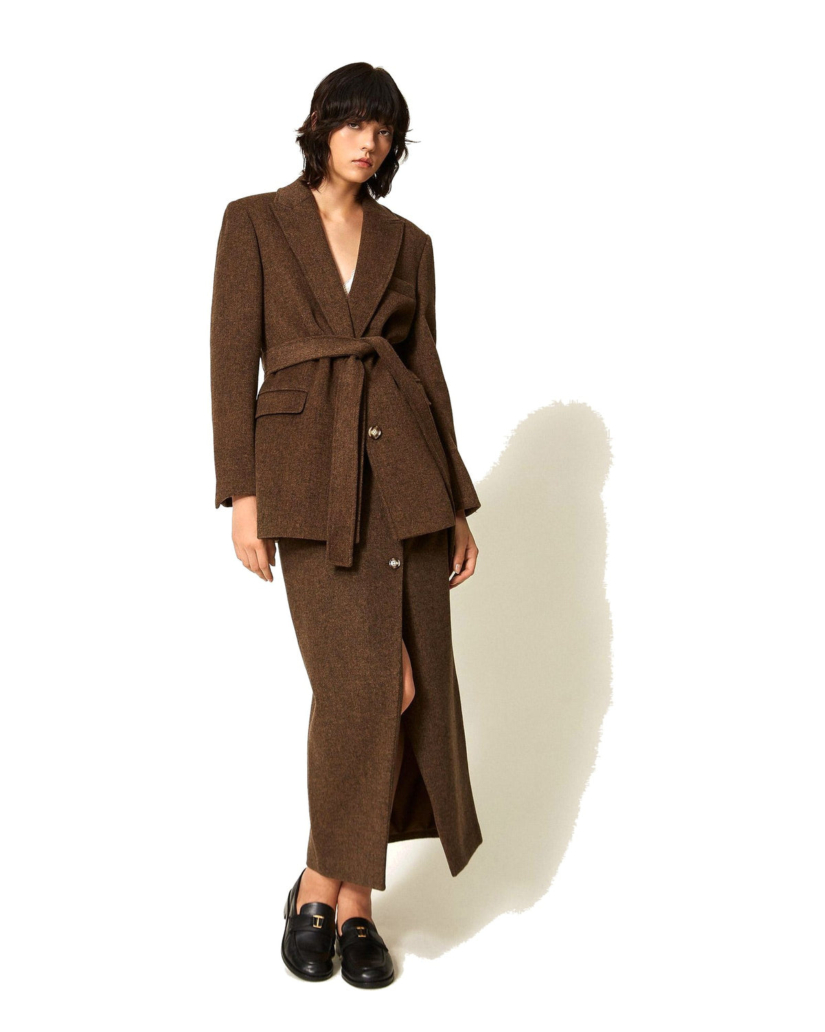 Twinset Milano gonna lunga in panno velour, colore Mocha Melange, immagine 2 di 5