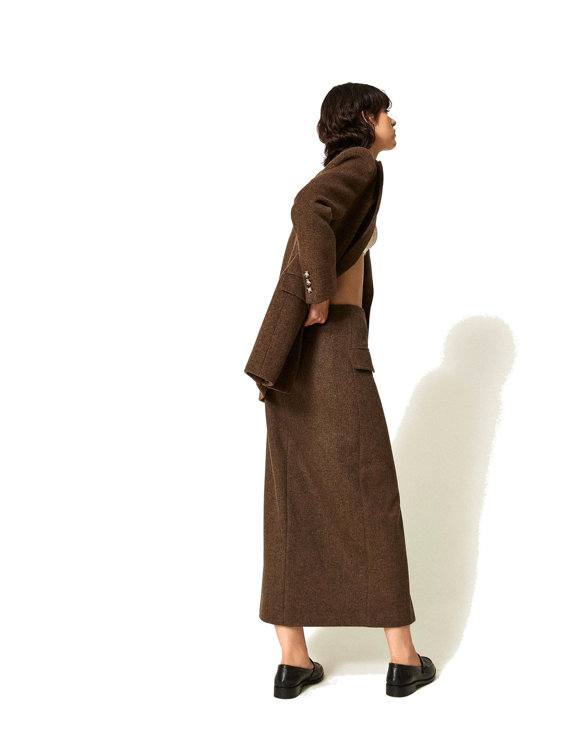 Twinset Milano gonna lunga in panno velour, colore Mocha Melange, immagine 3 di 5