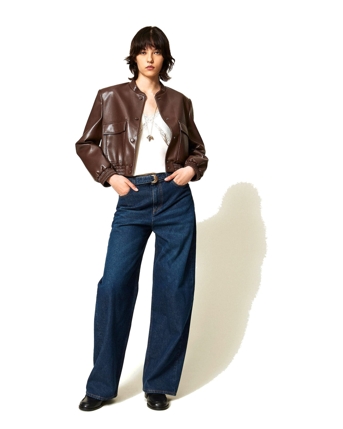 Twinset Milano jeans barrel con cintura, colore denim scuro, vista principale