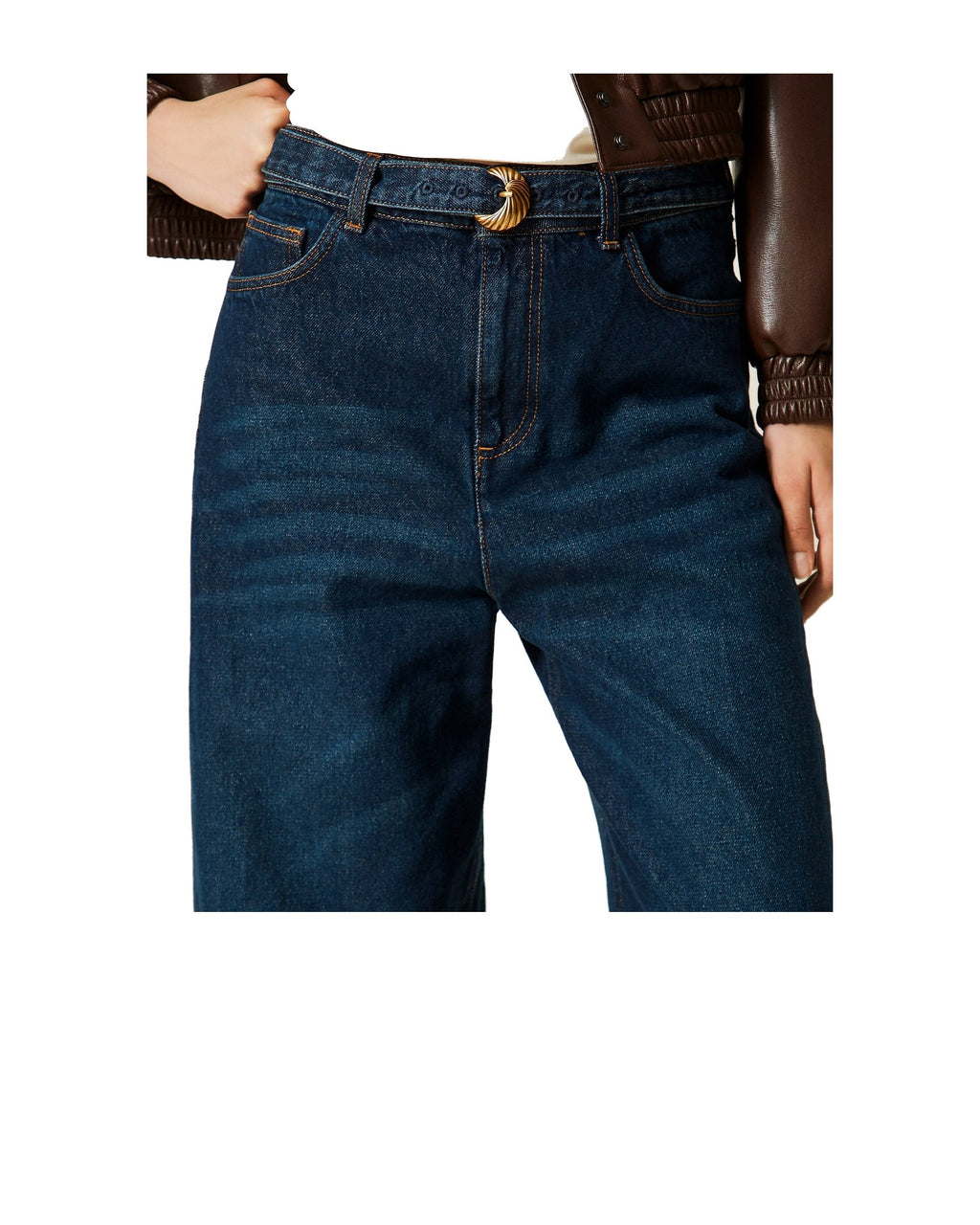 Twinset Milano jeans barrel con cintura, colore denim scuro, immagine 4 di 6