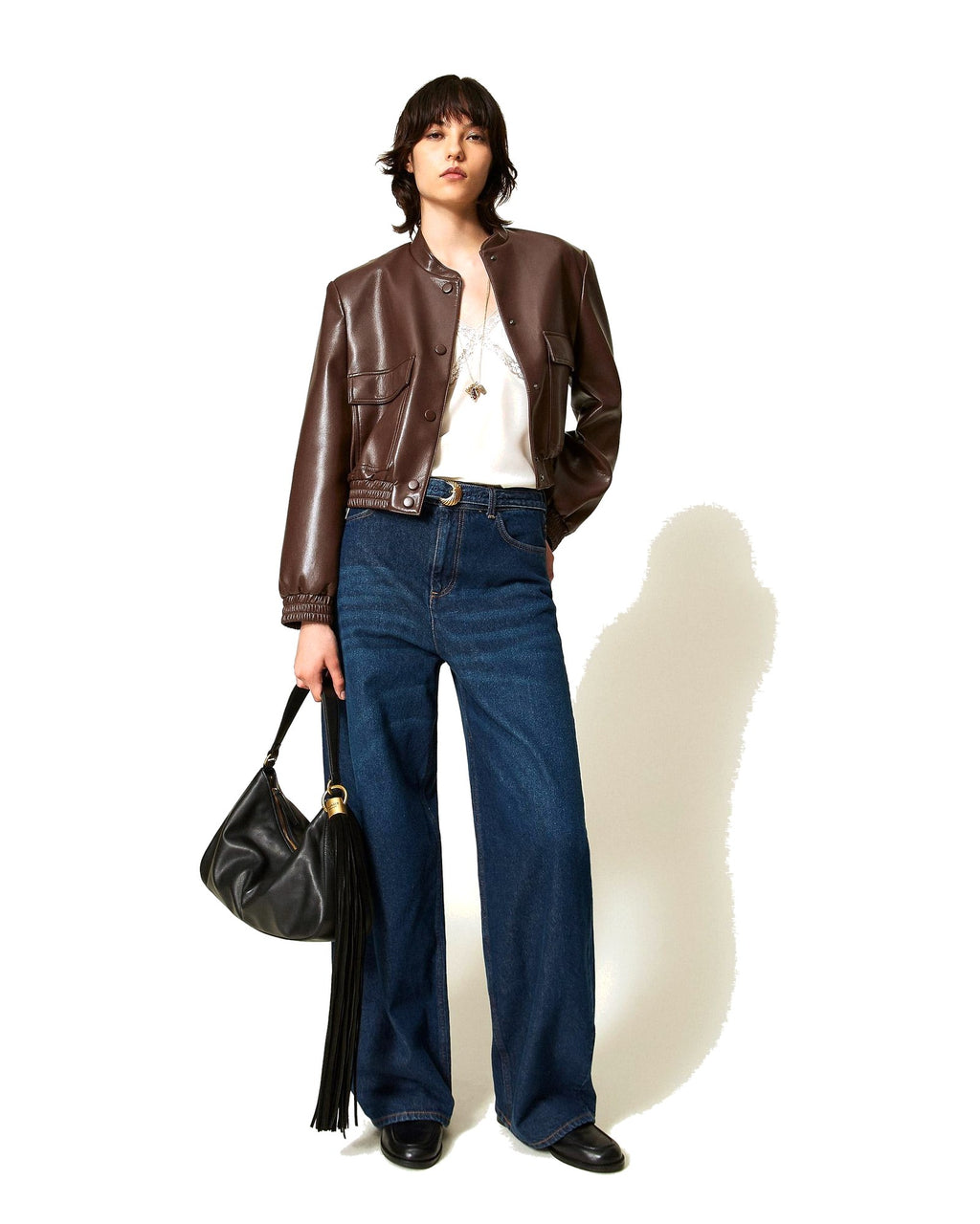 Twinset Milano jeans barrel con cintura, colore denim scuro, immagine 5 di 6
