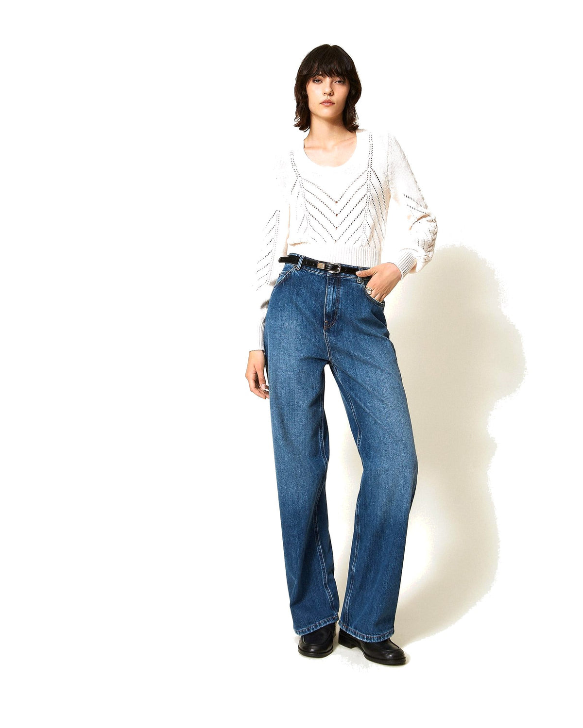 Twinset Milano jeans wide leg cinque tasche, colore blu denim medio, vista principale