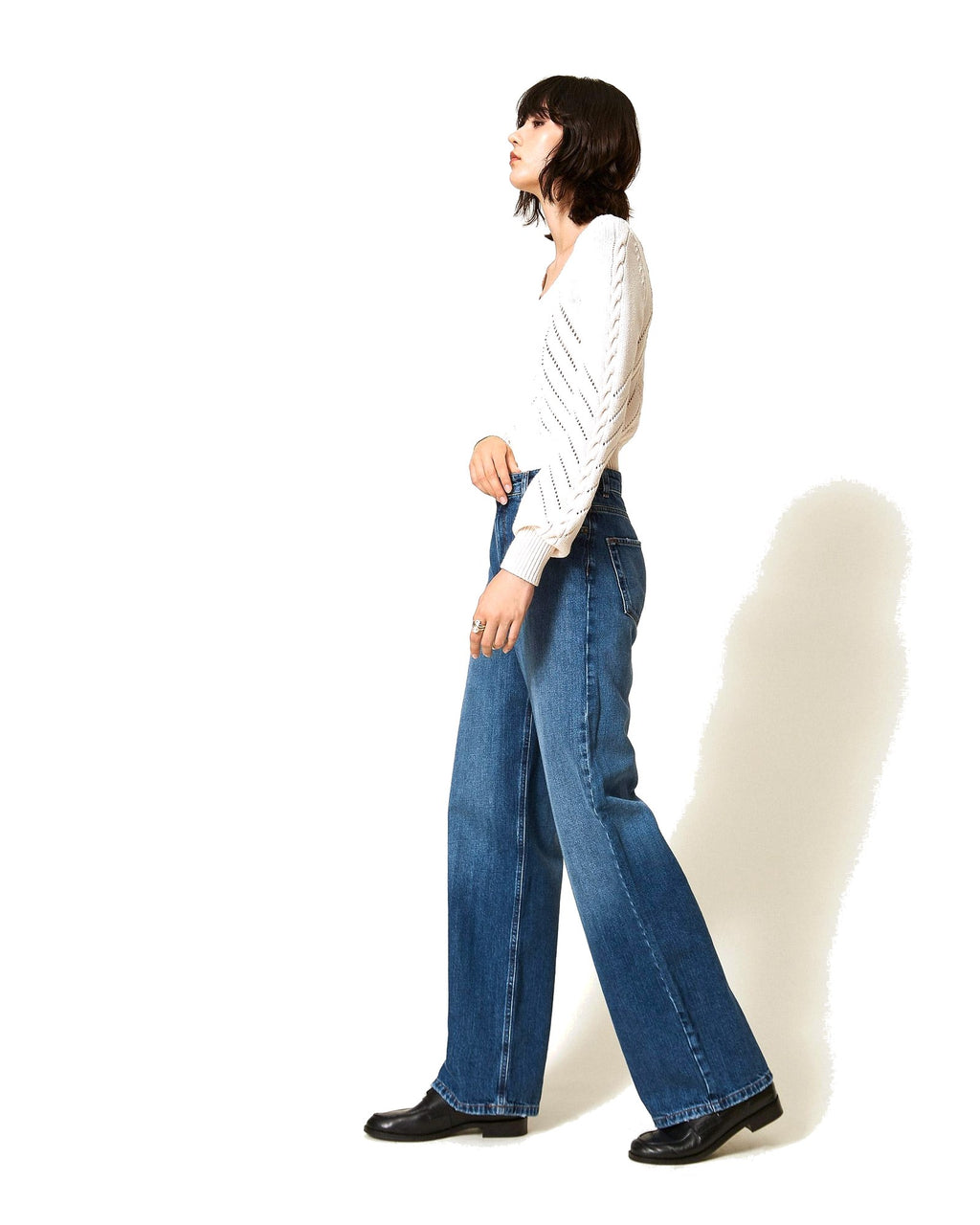 Twinset Milano jeans wide leg cinque tasche, colore blu denim medio, immagine 2 di 5