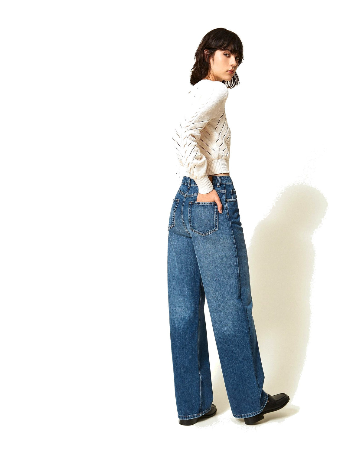 Twinset Milano jeans wide leg cinque tasche, colore blu denim medio, immagine 3 di 5