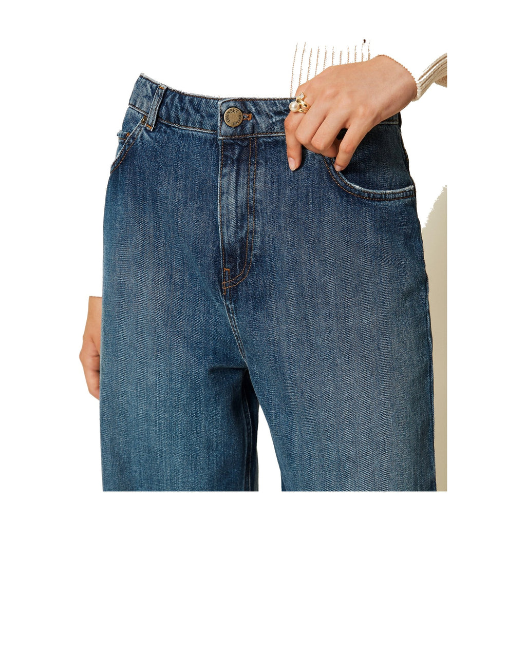 Twinset Milano jeans wide leg cinque tasche, colore blu denim medio, immagine 4 di 5