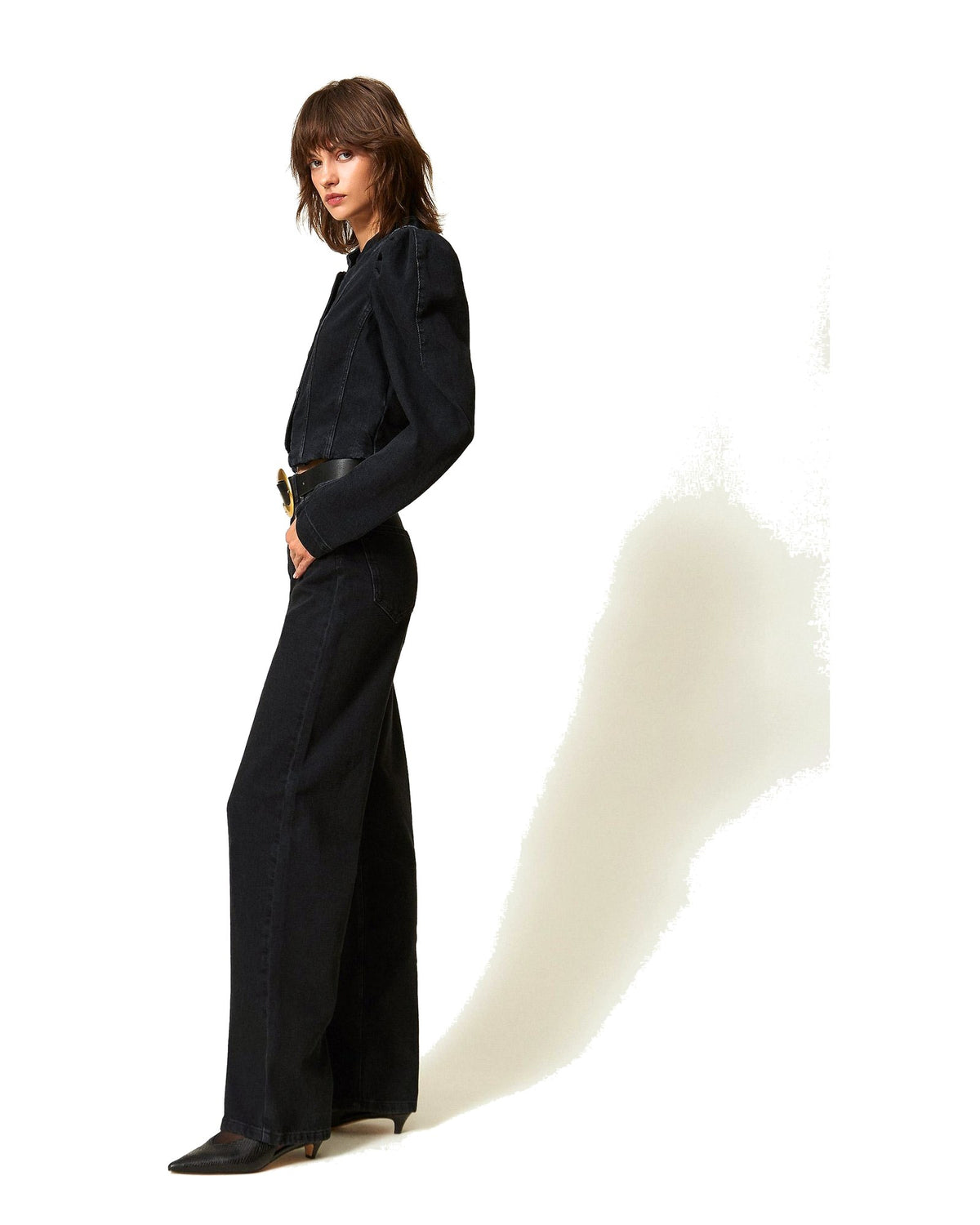 Twinset Milano jeans wide leg nero cinque tasche, colore denim nero, immagine 2 di 5