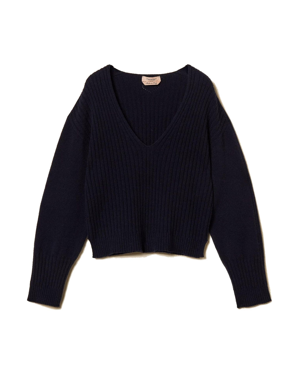 Twinset Milano maglia in cashmere a coste con scollo a V, colore Classic Blue, immagine 6 di 6